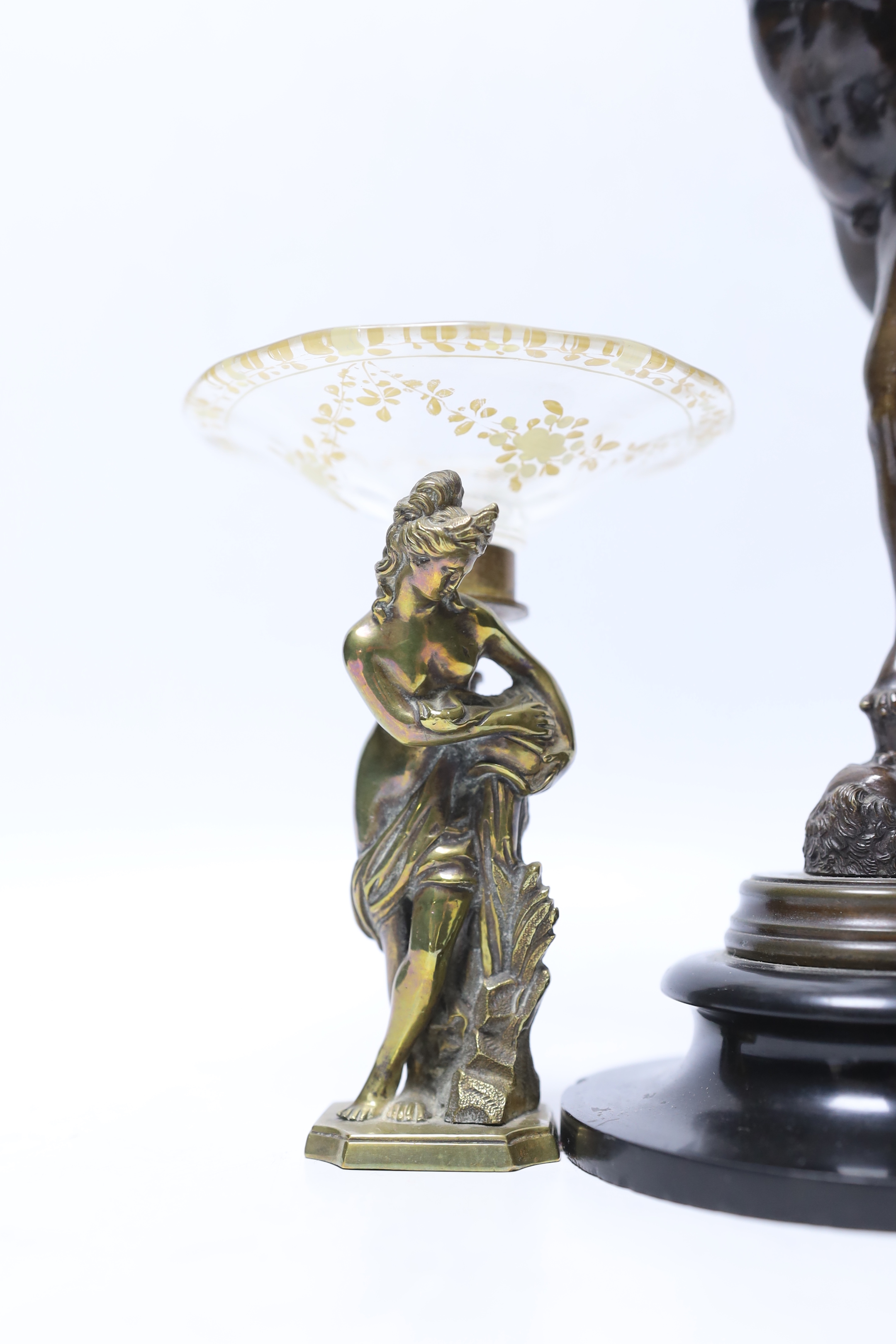 A small bronze model of Hermes, after the Antique, together with a small tazza with cast brass female nude, bronze 27cm (2)